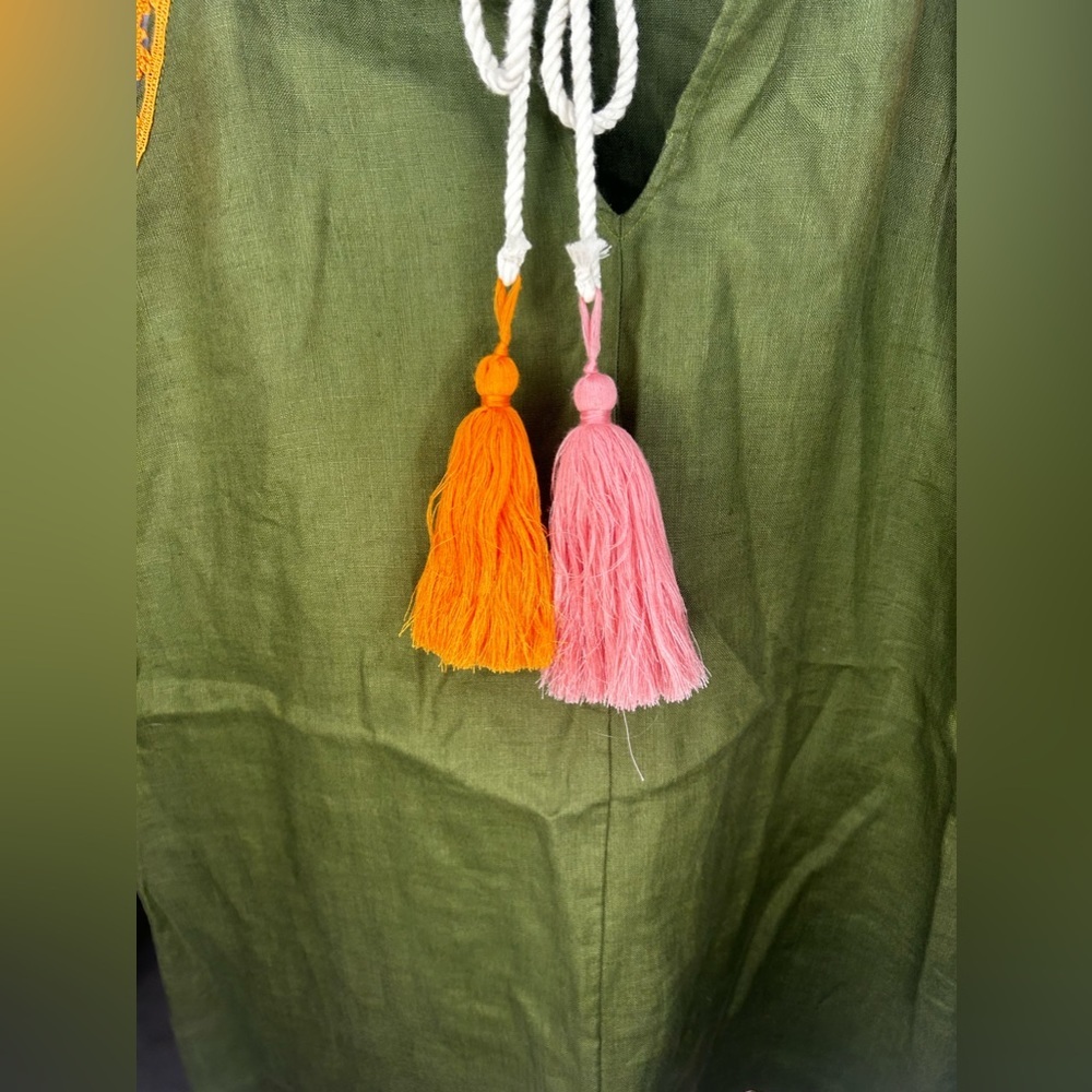 Women’s Raffaela D’Angelo Green Linen Floral Tassel Rope Tunic Dress Size Small - Picture 6 of 7